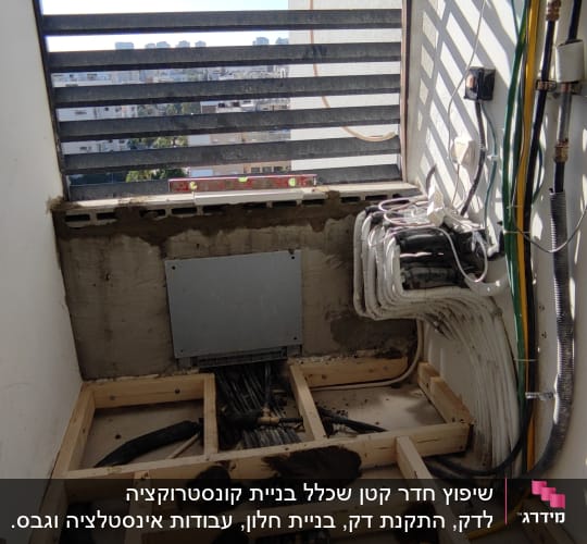 חדר עם צנרת חשופה, מסגרת עץ, חוטי חשמל וקירות בטון.